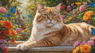 A ginger cat in a garden of flowers