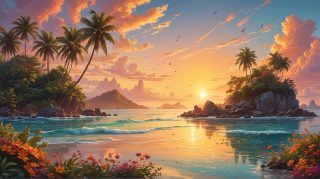Tranquil paradise island sunset