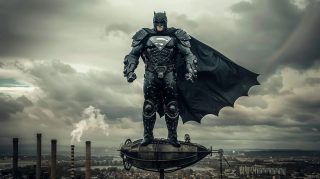 Armored Superhero Over City