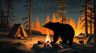 Bear Silhouette Against Campfire