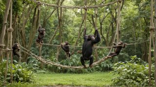 Playful Chimpanzees Swinging