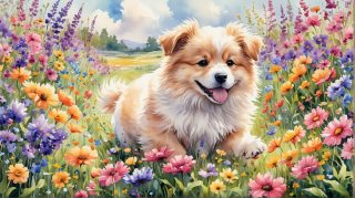 Joyful Dog in Flowers