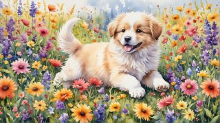 Playful Puppy Flower Field