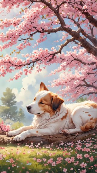 Dog Relaxing Cherry Blossoms