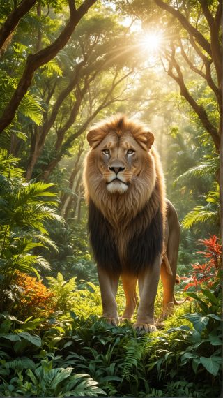 Lion in Sunlit Jungle
