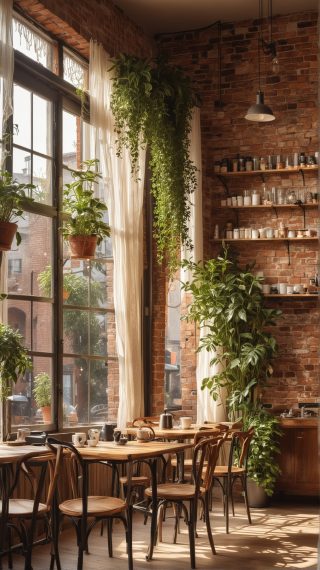Restaurant interior with brick wall