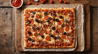 Square pizza with pepperoni, olives, and cheese