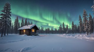Aurora over Winter Cabin