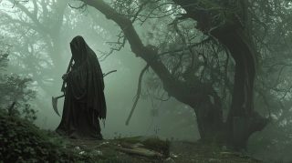 Shrouded Figure in Misty Woods