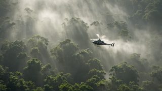 Helicopter over Misty Forest