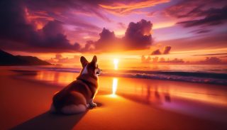 Corgi Watching Sunset Beach