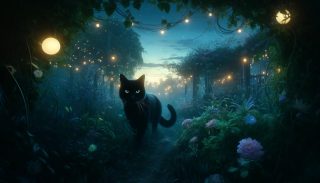 Black Cat in a Garden at Twilight