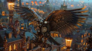 Steampunk Eagle Over City
