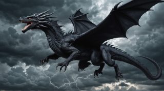 Black Dragon Flying Through A Cloudy Sky