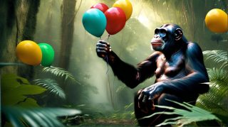 Chimpanzee with Colorful Balloons