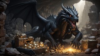 Dragon With A Chest Of Gold In A Cave