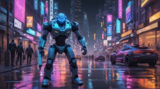 Futuristic Robot Patrols Downtown