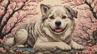 Joyful Dog Cherry Blossoms