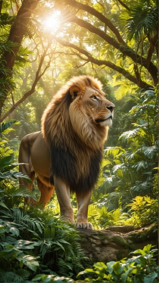Lion in Lush Jungle