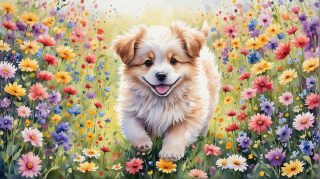 Puppy Amidst Spring Flowers
