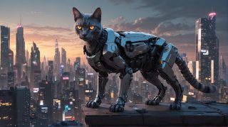 Robotic Cat Overlooks City