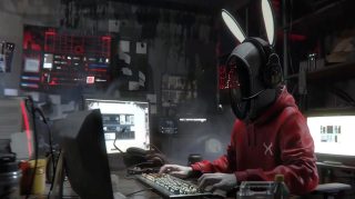 Hacker with futuristic helmet