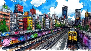 Vibrant Cityscape and Train