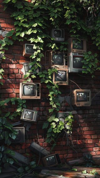 Overgrown Televisions on Brick Wall