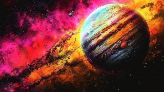 Multicolored planet with nebula